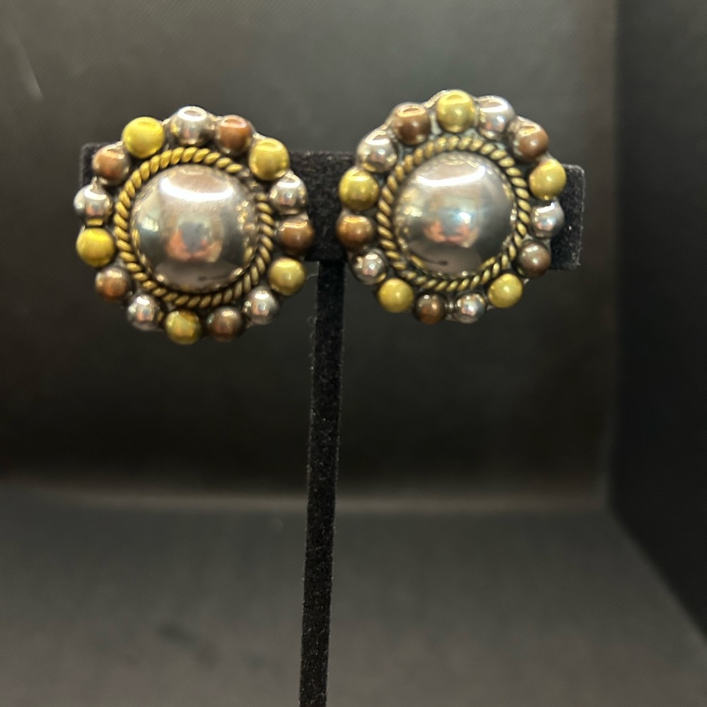 Vintage Sterling Silver Large Dome Earrings with Balls of Copper & Brass